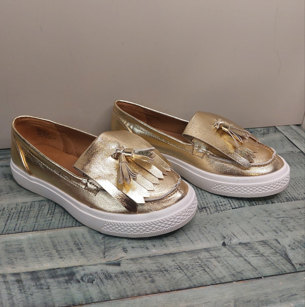 Gold Loafers with Tassel Detail